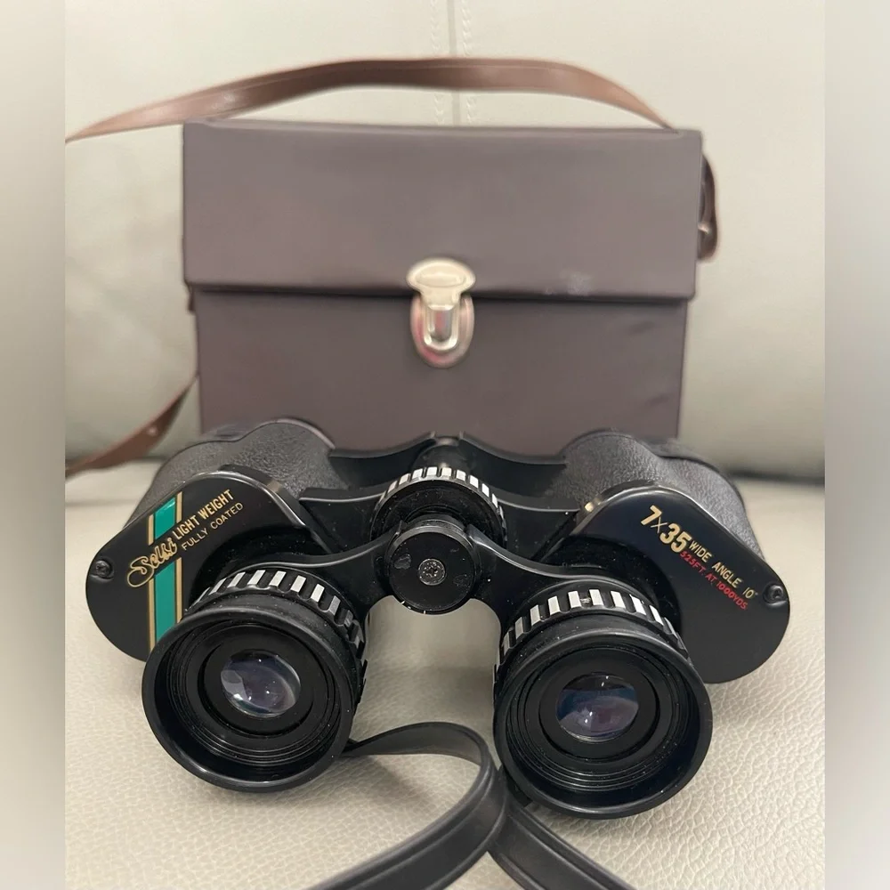 Vintage Selsi Black 7x35 Binoculars w/Brown Case, 525 ft at 1,000 yards